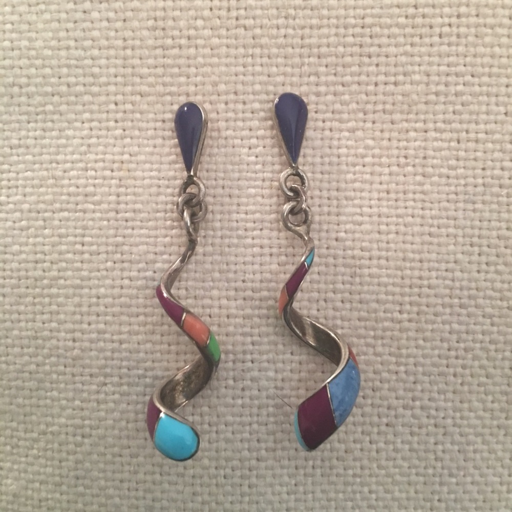 Zuni Inlayed Spiral Twist Earrings, vintage/boho.